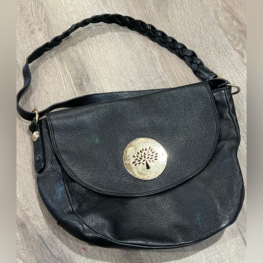Mulberry Vintage Black Pebble Leather Gold Accent Woven Strap Satchel Bag Purse